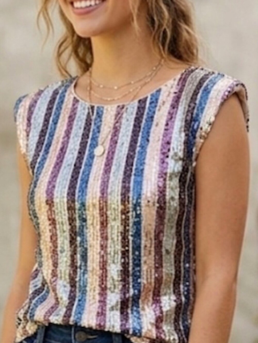 Fate Sleevless Sequin Multi Striped Top Size Small Disco Glam